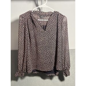 Ann Taylor Petite MP‎ Black Pink Speckle Chiffon Blouse V-Neck Ruffle Sleeve Top